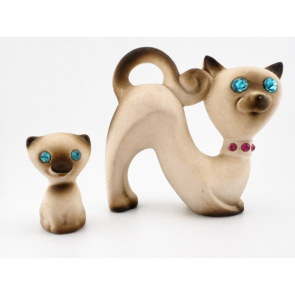Vintage Roselane Style Siamese‎ Cat Figurines Set Rhinestone Eyes MCM